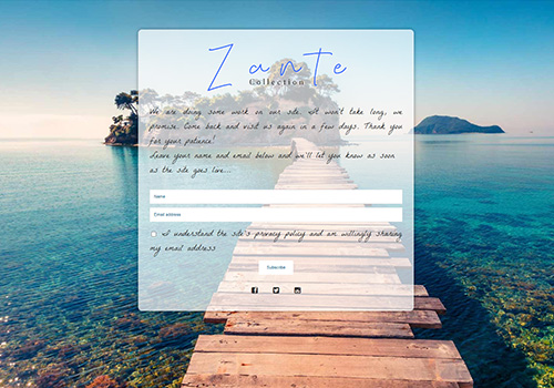 www.zantecollection.co.uk uses the Minimal Coming Soon WordPress plugin
